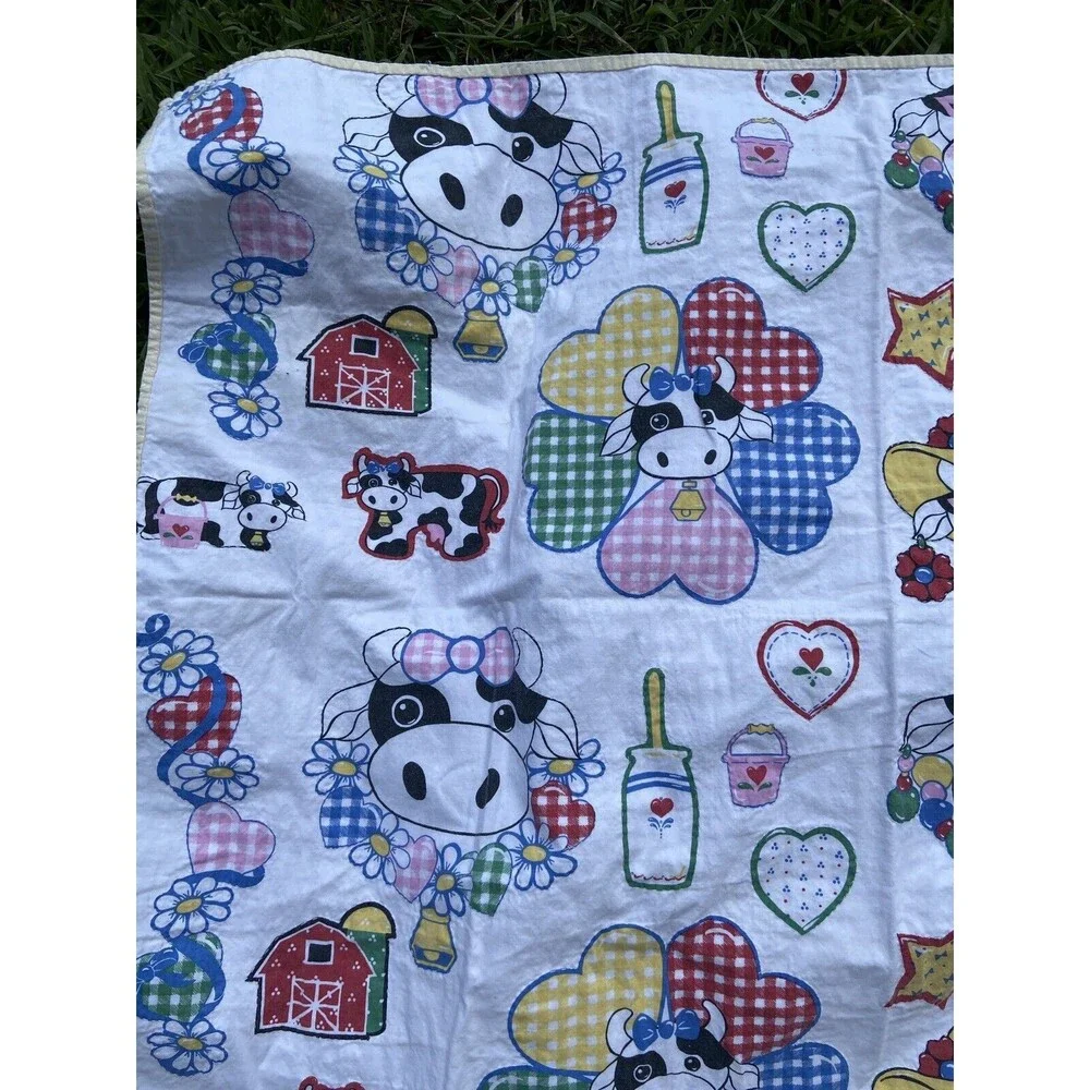 Vintage Baby Blanket Play Mat Cotton Cute Holstein Cow Print Dairy Barn  32 x 42
